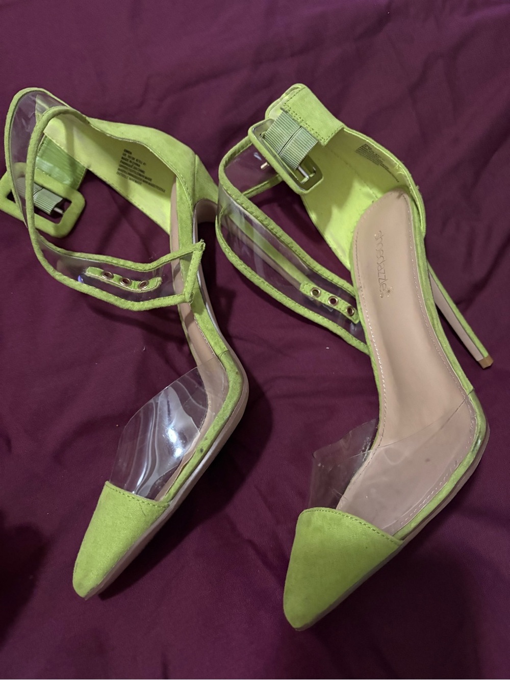 Shoe Dazzle Neon Green Pointed Toe Clear Panel Stiletto Heels